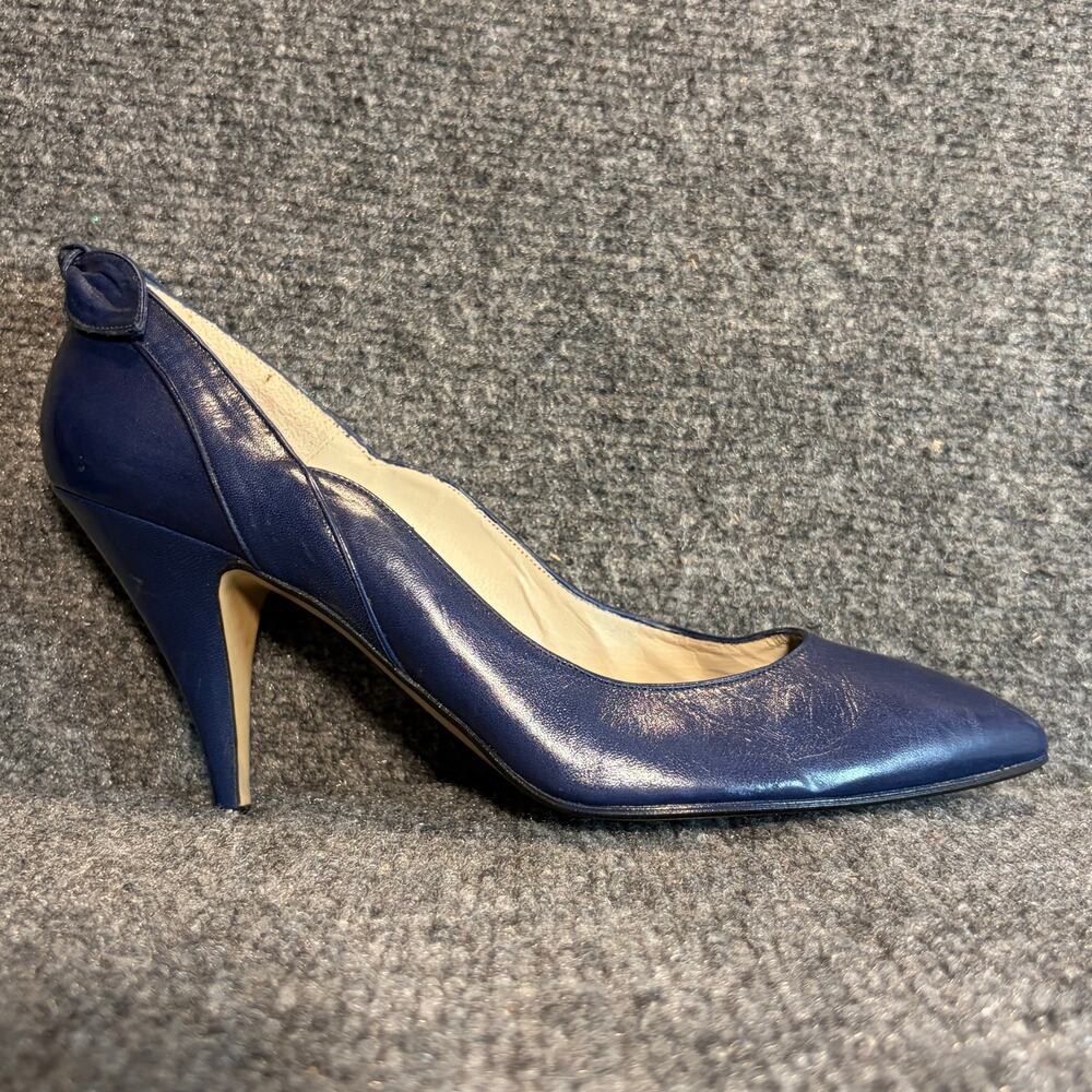 Caressa Blue Leather Cone Heels Stiletto Leaf Pumps Spain Vintage Womens 8